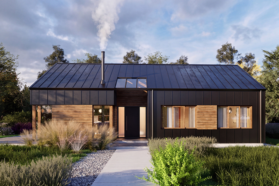Modern two-story concept home with wood, brick and stone facade